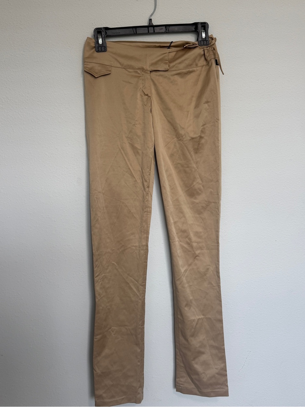 Beige Satin-Look Belted Pants
